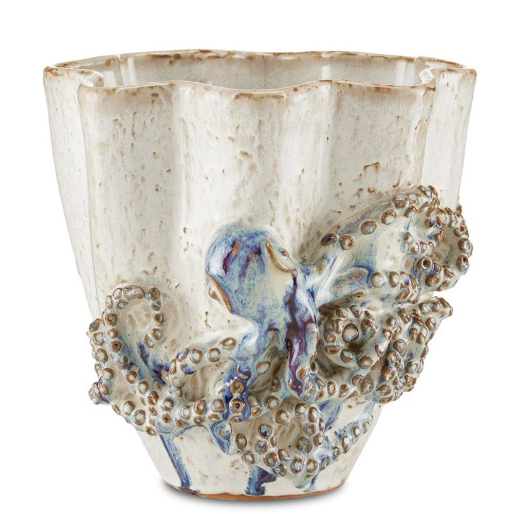 Currey & Company 1200-0542 Octopus Small Vase in Cream/Reactive Blue