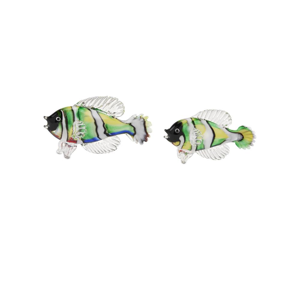 Currey & Company 1200-0564 Rialto Green Glass Fish Set of 2 in Green / Black / White / Multicolor