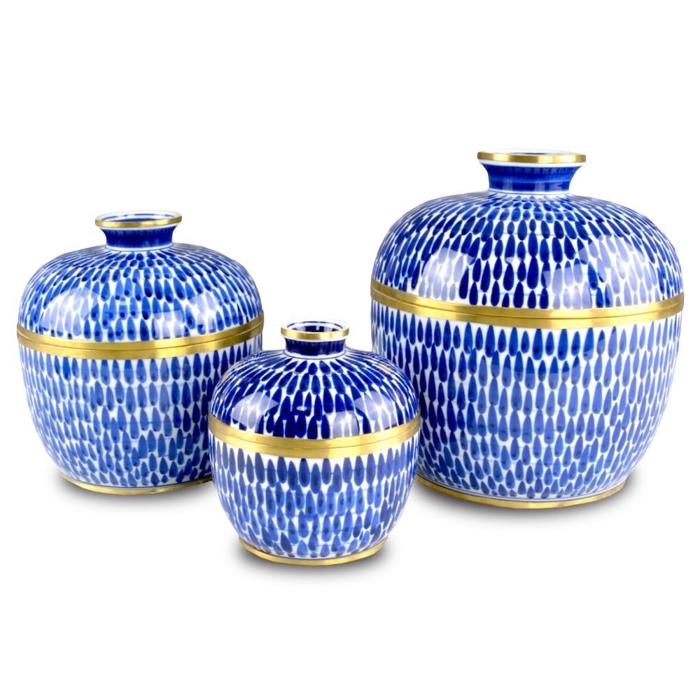 Currey & Company 1200-0661 Plavan Jar Set of 3 in Blue / White / Brass