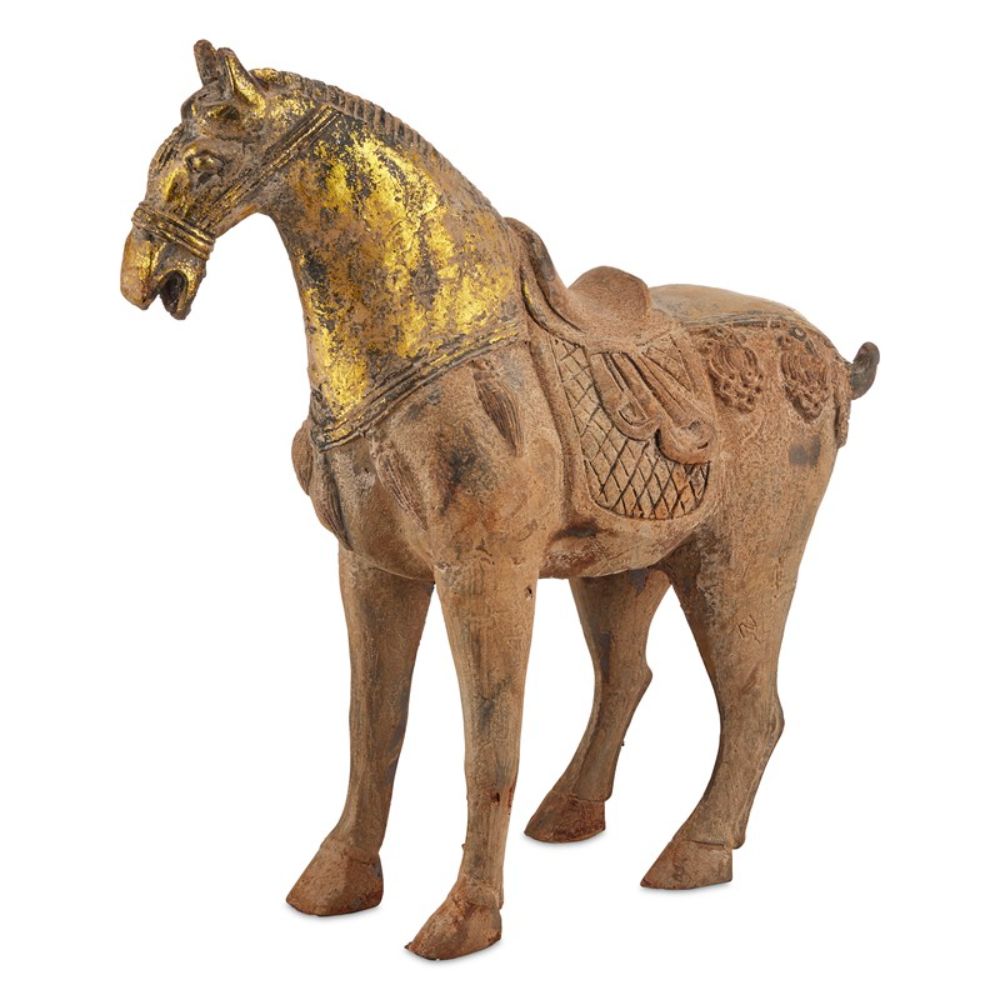 Currey & Company 1200-0849 Tang Dynasty Grande Iron Horse in Brown/Gold