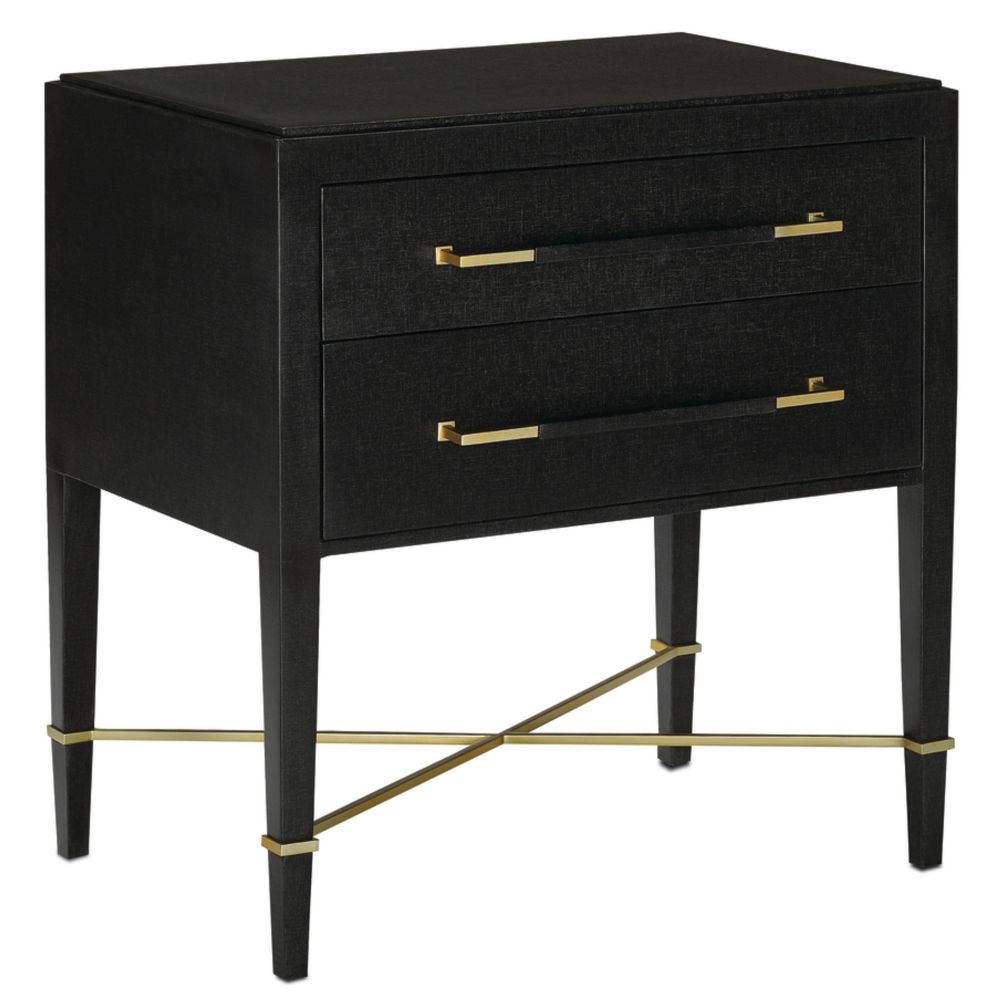 Currey & Company 3000-0036 Verona Black Nightstand in Black Lacquered Linen/Champagne