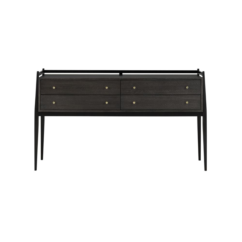 Currey & Company 3000-0046 Selig Console Table in Dark Mink Stained Mahogany/Riverstone Stained Eucalyptus/Polished Brass