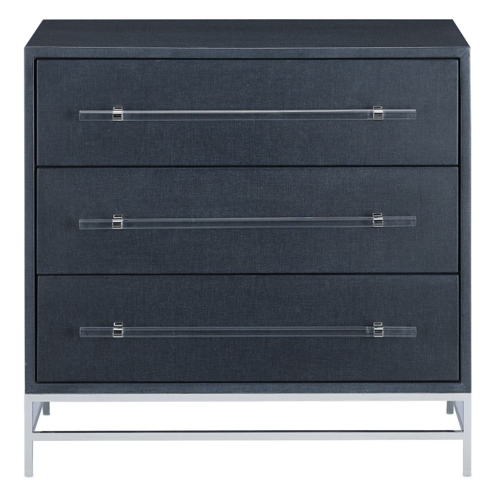 Currey & Company 3000-0089 Marcel Chest in Navy Lacquered Linen/Polished Nickel/Black/Clear