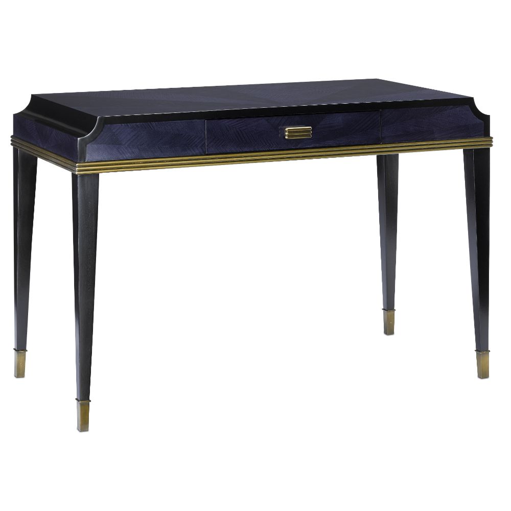 Currey & Company 3000-0123 Kallista Writing Desk in Dark Sapphire/Caviar Black/Antique Brass