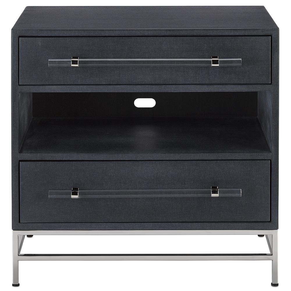 Currey & Company 3000-0153 Marcel Nightstand in Navy Lacquered Linen/Polished Nickel/Black/Clear