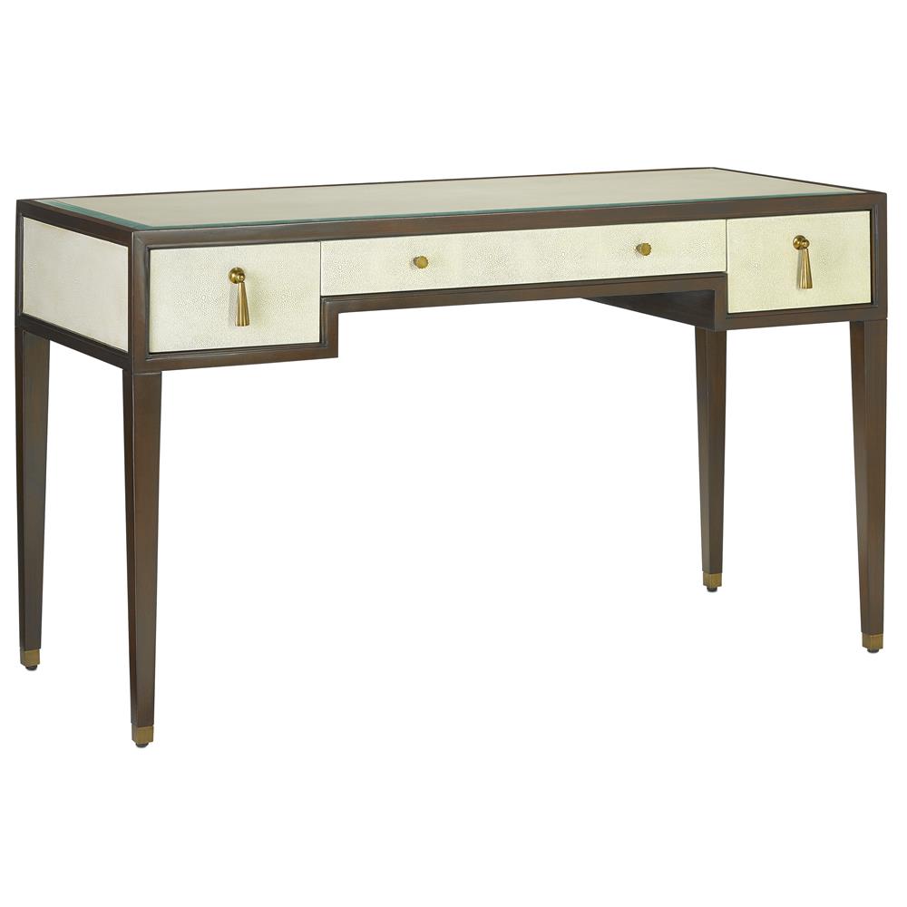 Currey & Company 3000-0157 Evie Shagreen Desk in Ivory/Dark Walnut/Brass/Clear