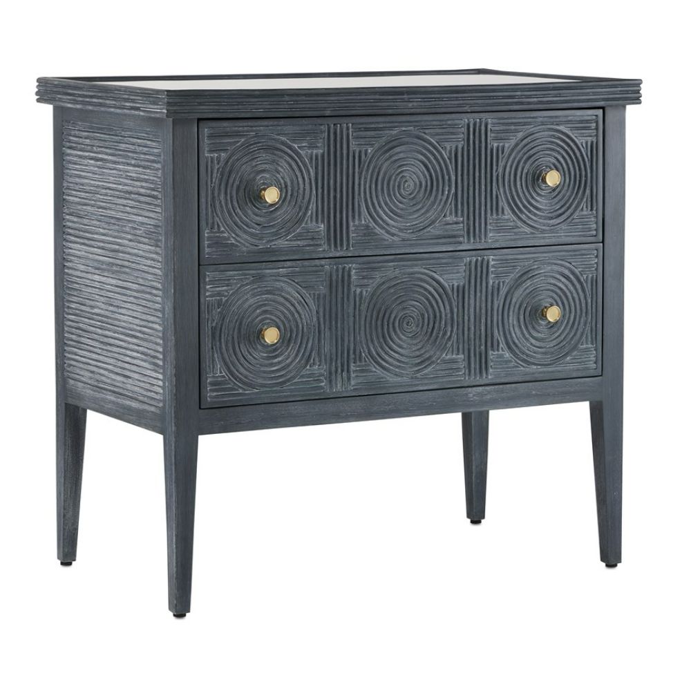Currey & Company 3000-0217 Santos Vintage Navy Chest in Vintage Navy/Brushed Brass/Clear