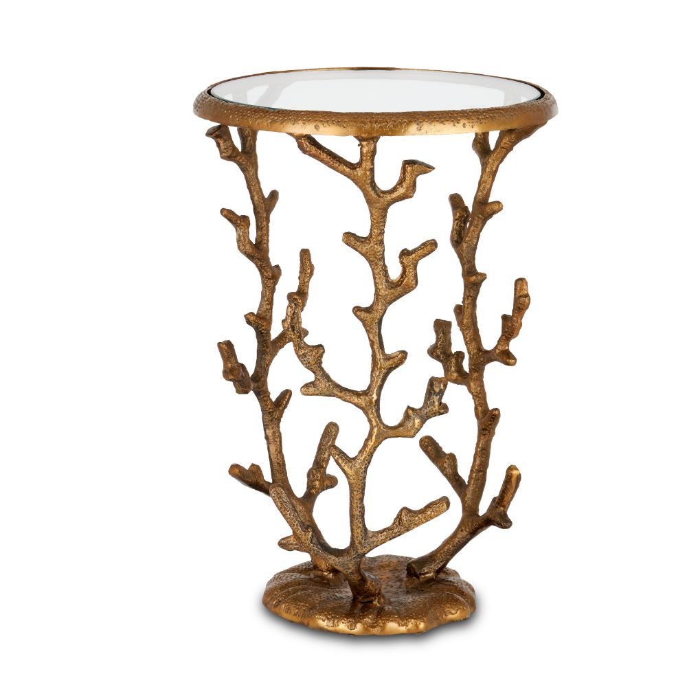 Currey & Company 4000-0141 Coral Accent Table in Antique Brass / Clear
