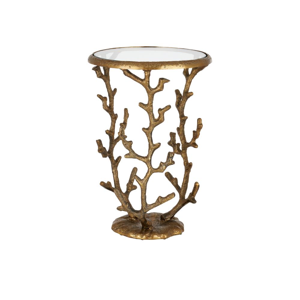 Currey & Company 4000-0141 Coral Accent Table in Antique Brass / Clear