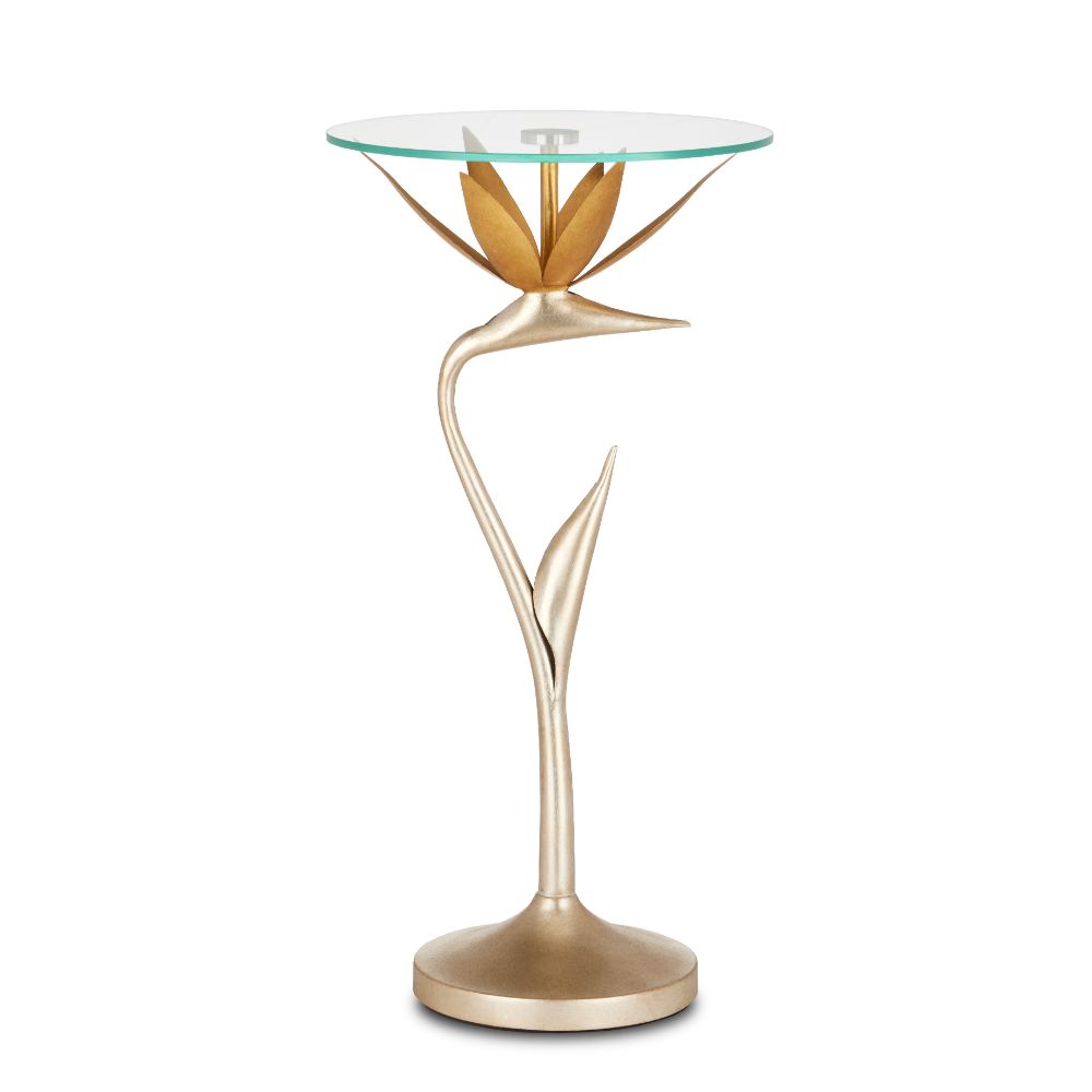 Currey & Company 4000-0147 Paradiso Accent Table in Contemporary Silver Leaf / Contemporary Gold Leaf / Clear