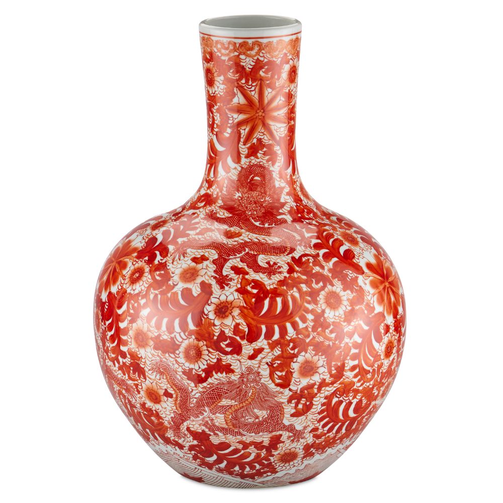 Currey & Company 1200-0845 Biarritz Coral Fern Long Neck Vase in Imperial Red/Off White