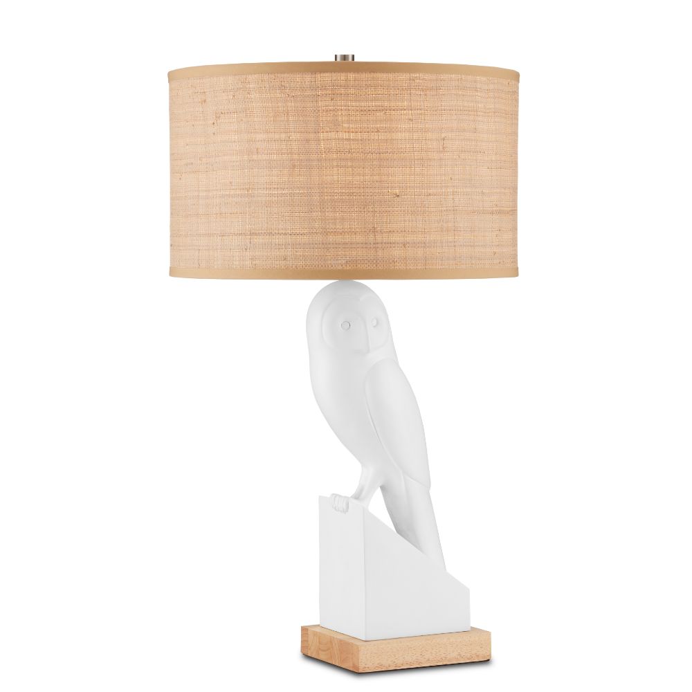 Currey & Company 6000-0816 Snowy Owl Table Lamp in White / Natural Wood / Polished Nickel