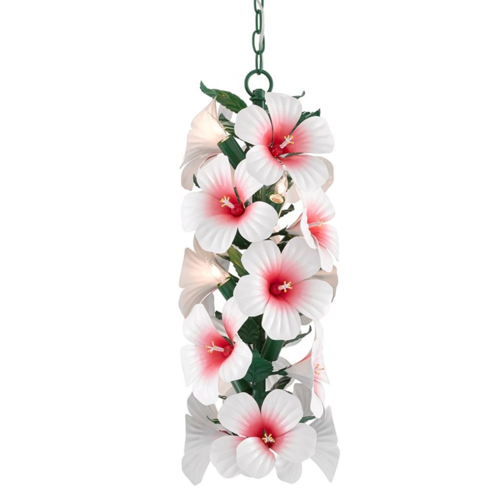 Currey & Company 9000-0658 Hibiscus Pendant in Glossy White/Pink/Green