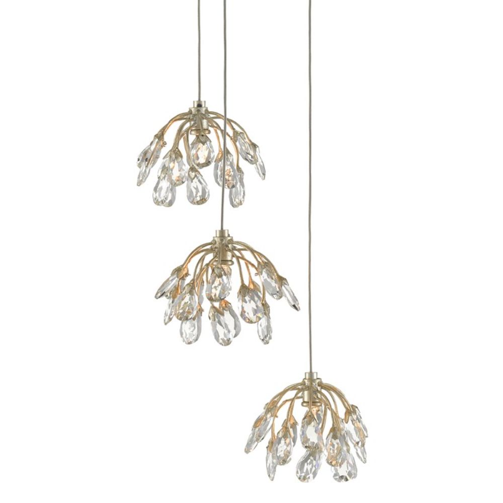 Currey & Company 9000-0668 Crystal Bud 3-Light Multi-Drop Pendant in Painted Silver/Contemporary Silver Leaf