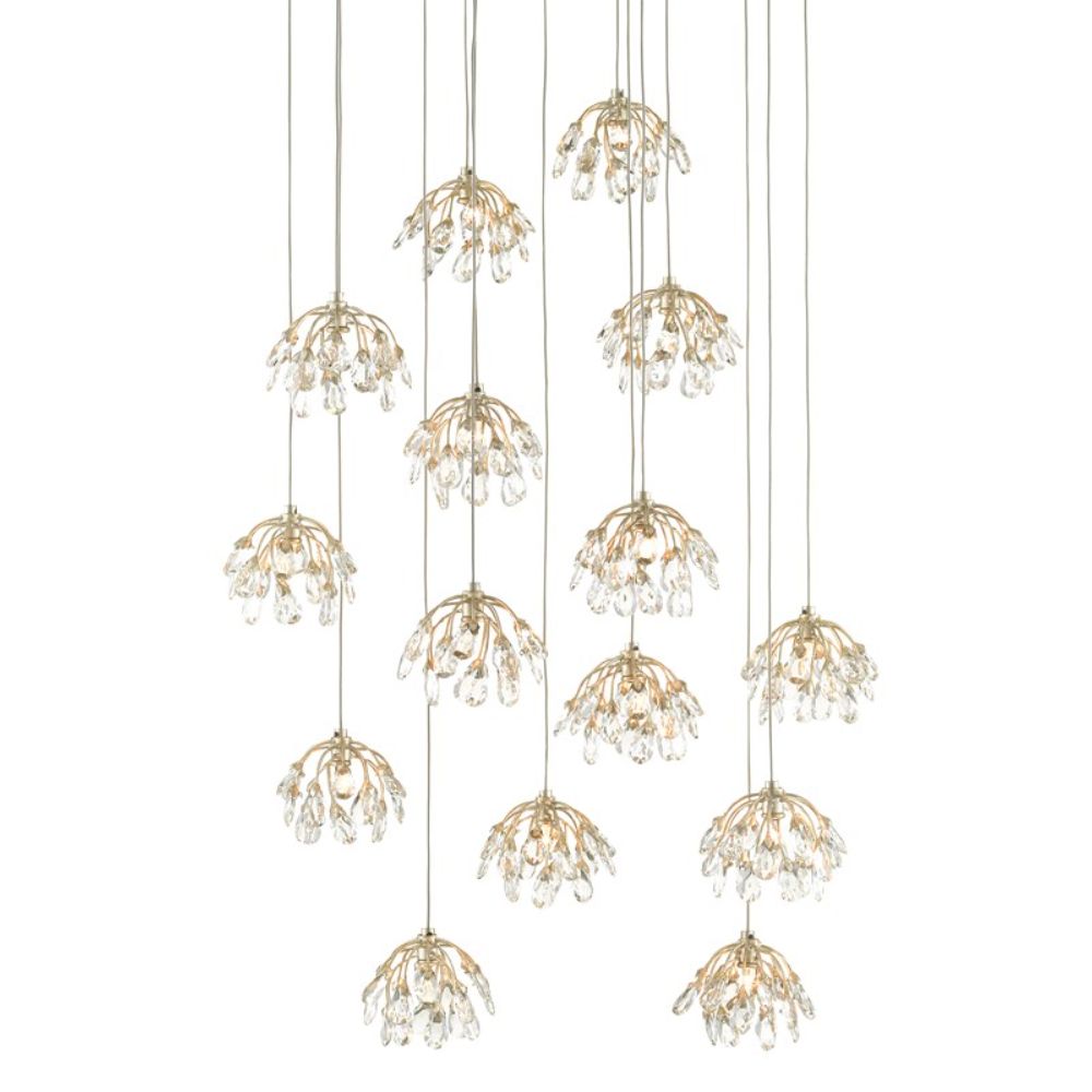 Currey & Company 9000-0670 Crystal Bud Round 15-Light Multi-Drop Pendant in Painted Silver/Contemporary Silver Leaf