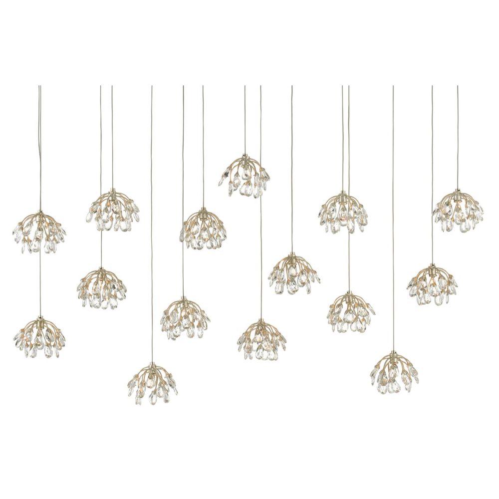 Currey & Company 9000-0671 Crystal Bud Rectangular 15-Light Multi-Drop Pendant in Painted Silver/Contemporary Silver Leaf