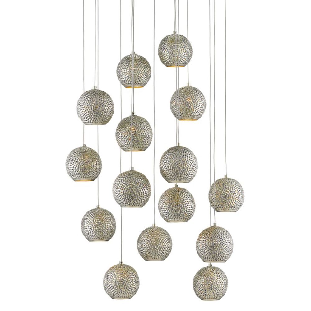 Currey & Company 9000-0684 Giro Round 15-Light Multi-Drop Pendant in Painted Silver/Nickel/Blue