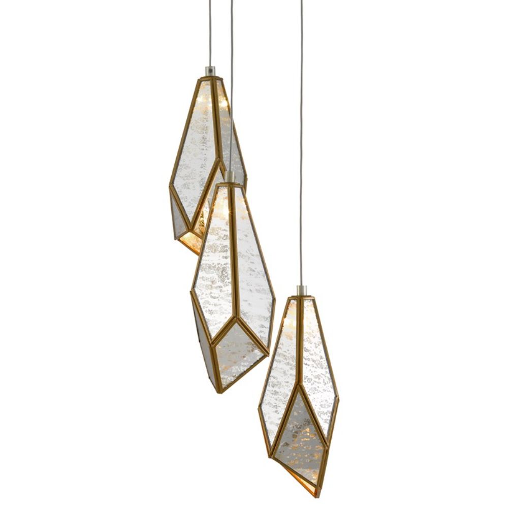 Currey & Company 9000-0703 Glace 3-Light Multi-Drop Pendant in Painted Silver/Antique Brass