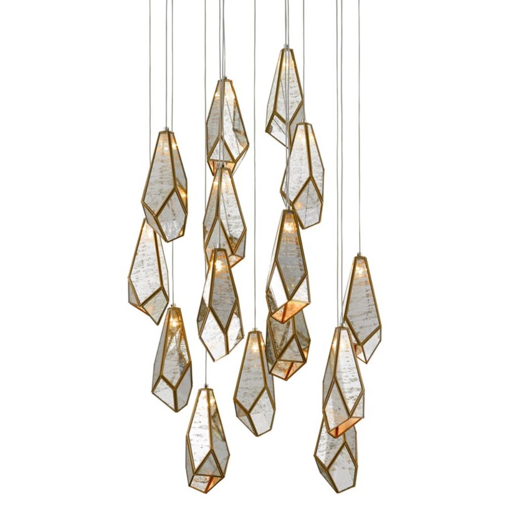 Currey & Company 9000-0705 Glace Round  15-Light Multi-Drop Pendant in Painted Silver/Antique Brass
