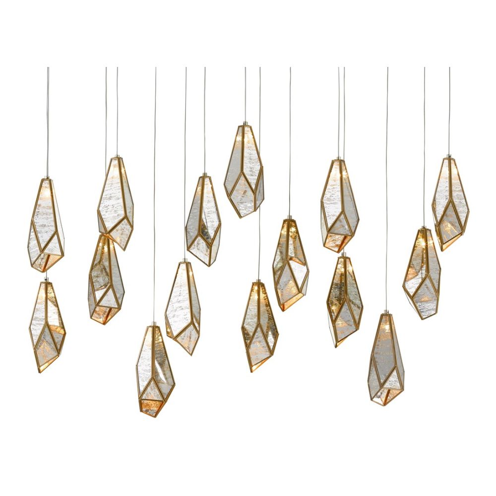 Currey & Company 9000-0706 Glace Rectangular 15-Light Multi-Drop Pendant in Painted Silver/Antique Brass