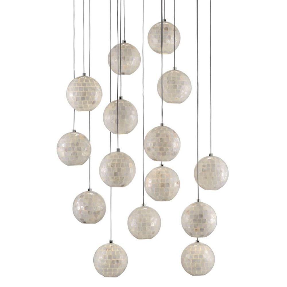 Currey & Company 9000-0719 Finhorn Round 15-Light Multi-Drop Pendant in Painted Silver/Pearl
