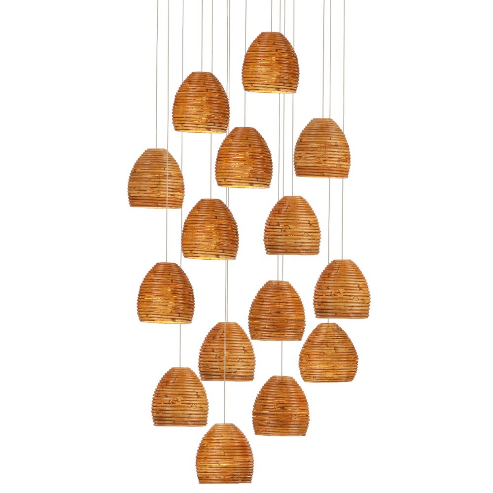 Currey & Company 9000-1001 Beehive Round 15-Light Multi-Drop Pendant in Natural Rattan / Silver