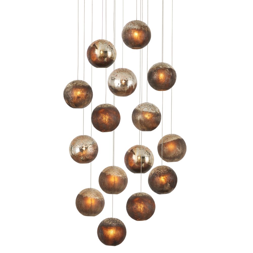 Currey & Company 9000-1015 Pathos Round 15-Light Multi-Drop Pendant in Antique Silver / Antique Gold / Matte Charcoal / Silver