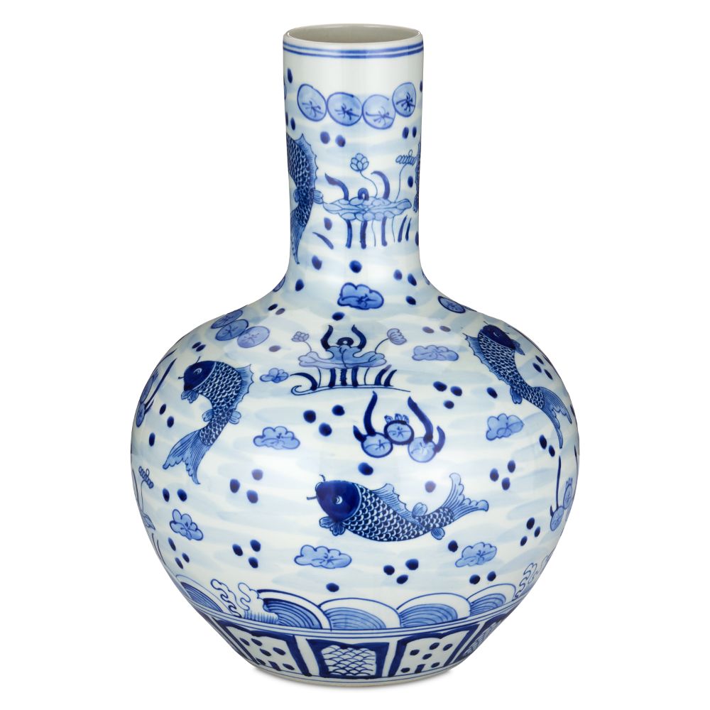 Currey & Company 1200-0840 South Sea Blue & White Large Long Neck Vase