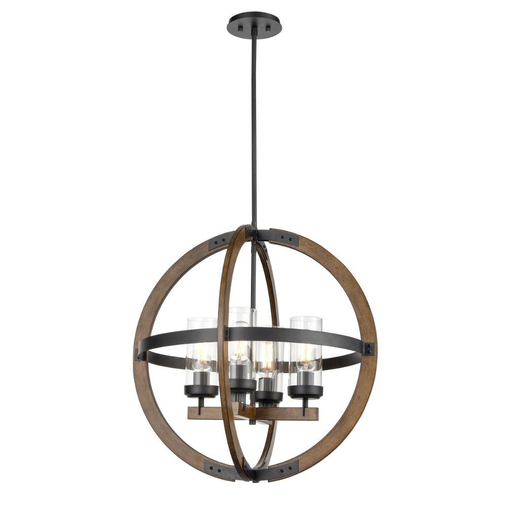 DVI Lighting DVP38650GR+IW-CL Okanagan 4 Light Orb in Graphite and Ironwood On Metal with Clear Glass