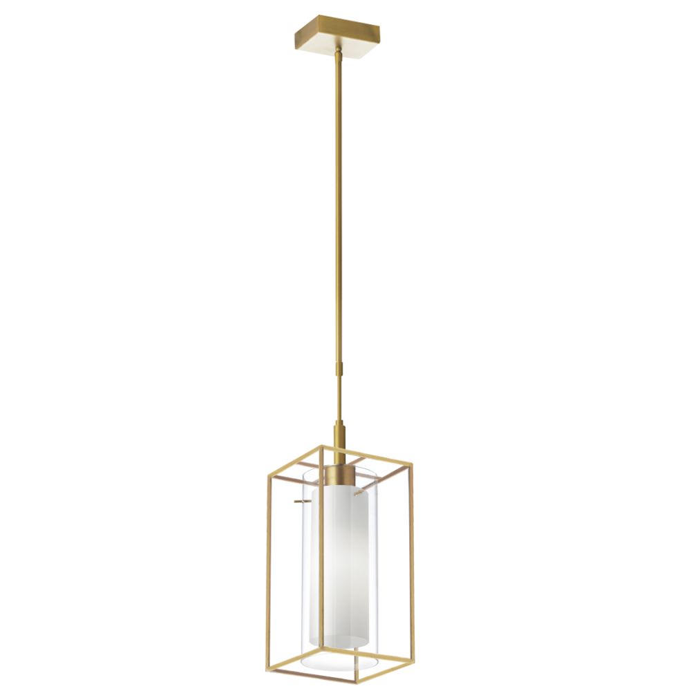 Dainolite CBE-61P-AGB Cubo 1 Light Pendant - Rectangular Frame - Aged Brass Finish - Frosted/Clear Glass