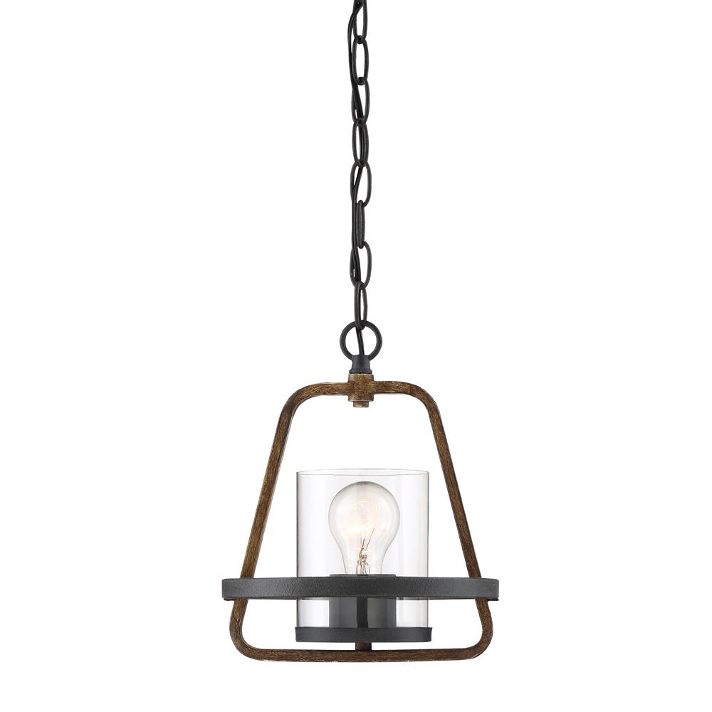 Designers fountain 93530-FB Ryder Collection 1 Light Mini Pendant 8.75"W 11.25"H in Forged Black & Weathered Oak Finish