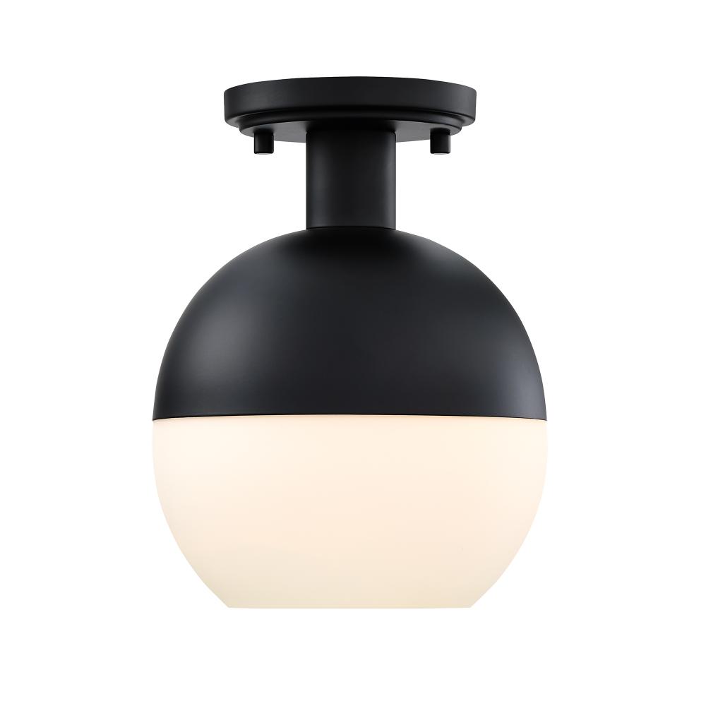 Designers Fountain D321M-SF-MB Linden 8 in. 1-Light Matte Black Mid-Century Modern Semi Flush Mount with Etched Opal Glass Shade for Bedrooms
