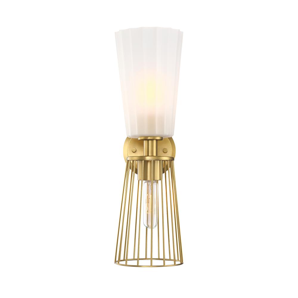 Designers Fountain D328M-2WS-BG Liana 6 in. 2-Light Brushed Gold Wall Sconce Light with a Combination of Etched Glass and Wire Cage Shades for Bathrooms