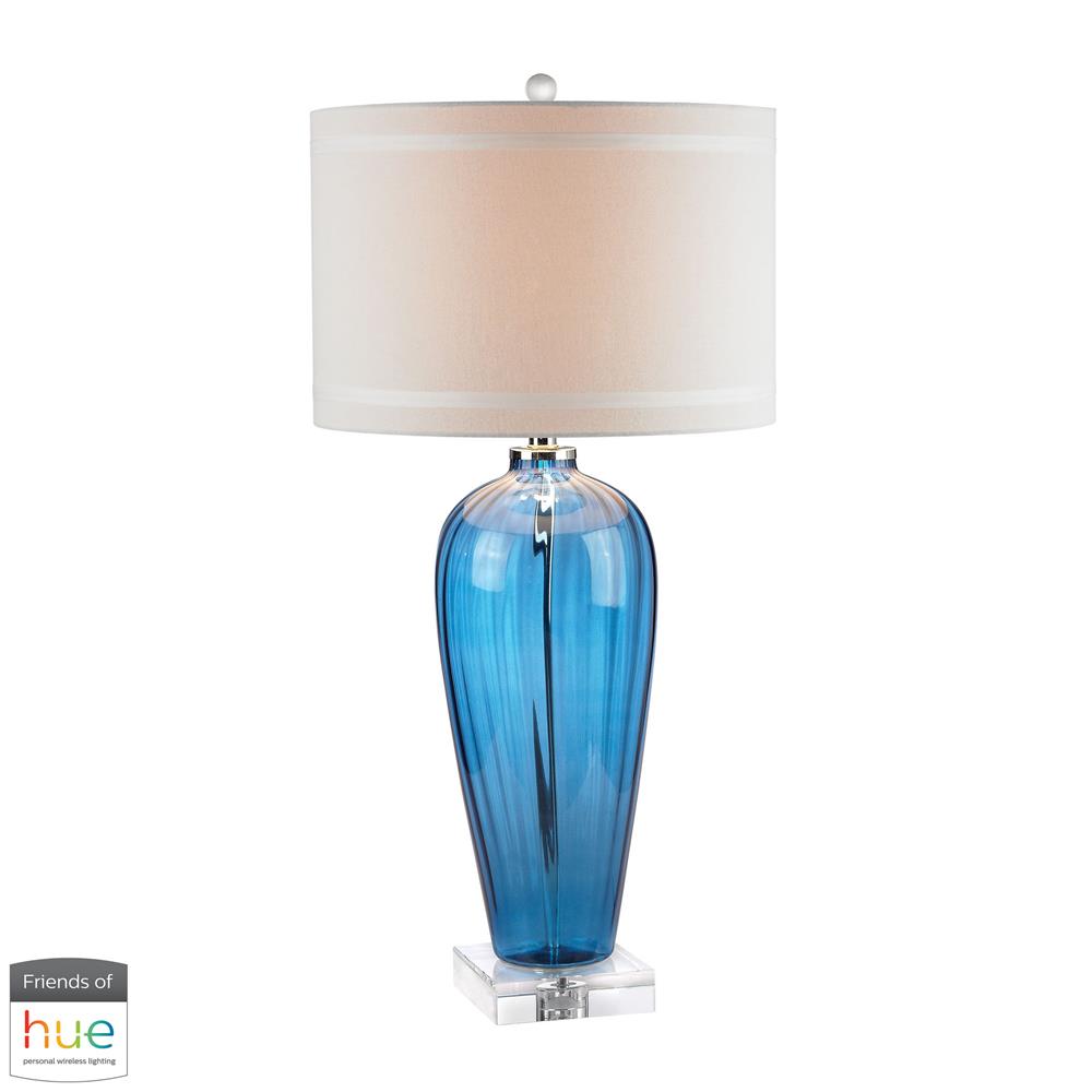 ELK Home Friends of Hue D2629-HUE-B Blue Glass Table Lamp with Crystal Base and Linen Shade - with Philips Hue LED Bulb/Bridge