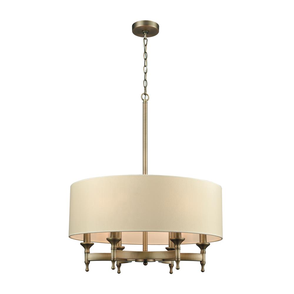 ELK Lighting 10264/6 Pembroke 6 Light Chandelier In Brushed Antique Brass With A Light Tan Fabric Shade