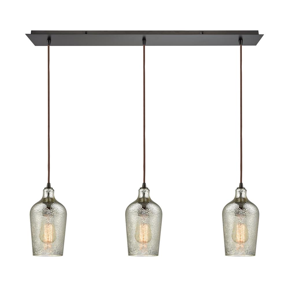 ELK Lighting 10830/3LP Hammered Glass 3 Light Linear Pan Fixture In Oil Rubbed Bronze With Hammered Mercury Glass