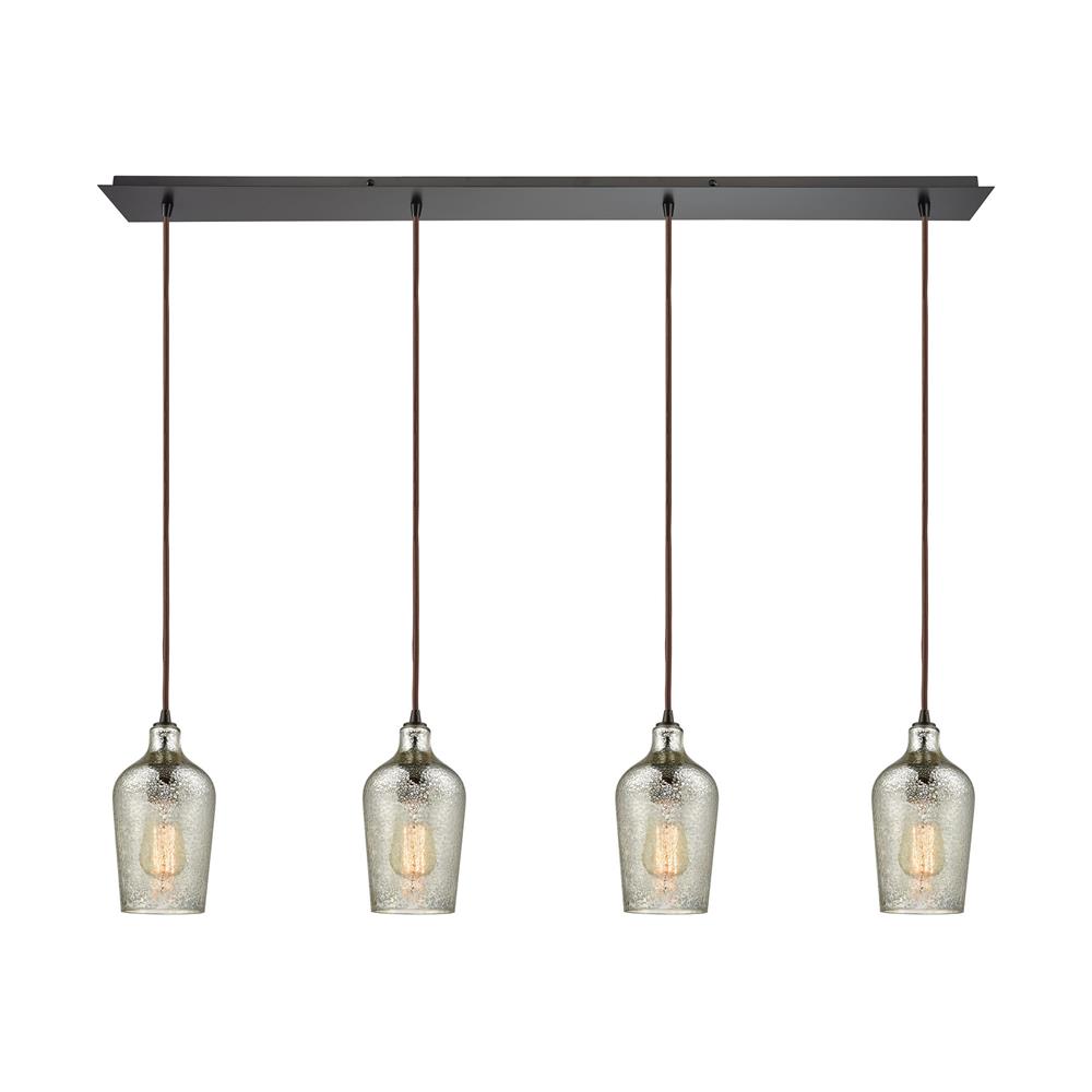 ELK Lighting 10830/4LP Hammered Glass 4 Light Linear Pan Fixture In Oil Rubbed Bronze With Hammered Mercury Glass