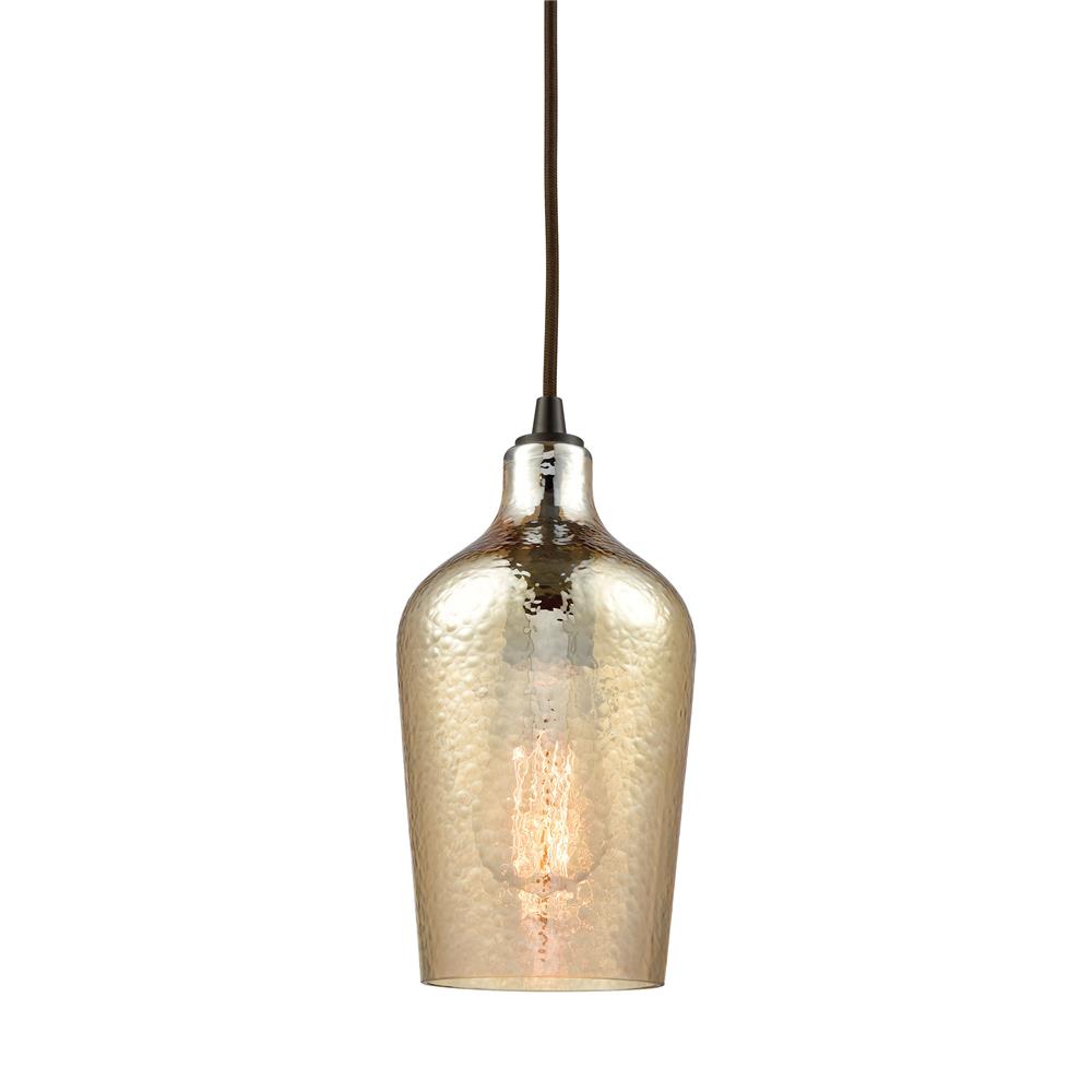 ELK Lighting 10840/1 Hammered Glass 1 Light Pendant In Oil Rubbed Bronze With Hammered Amber Plated Glass