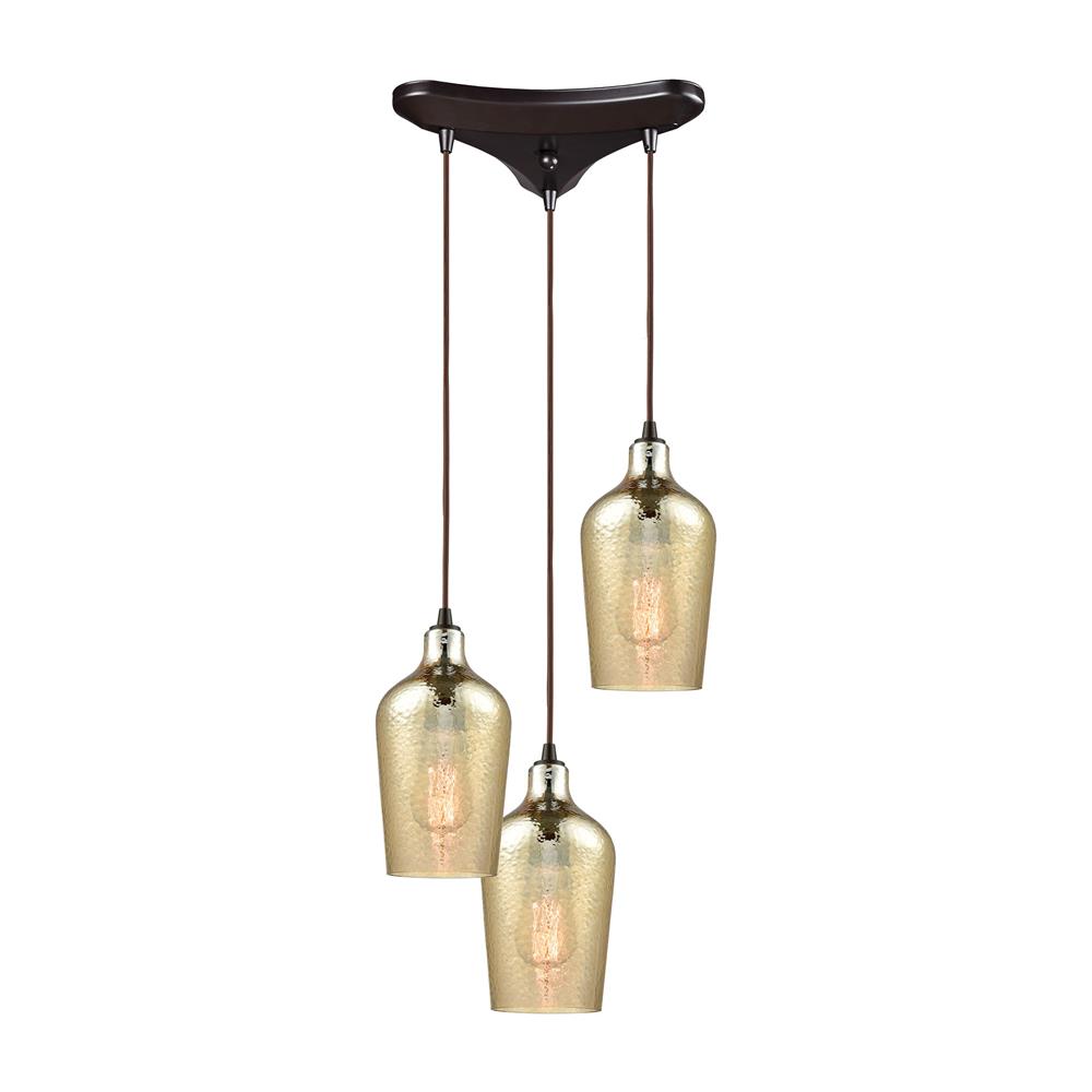 ELK Lighting 10840/3 Hammered Glass 3 Light Triangle Pan Fixture In Oil Rubbed Bronze With Hammered Amber Plated Glass