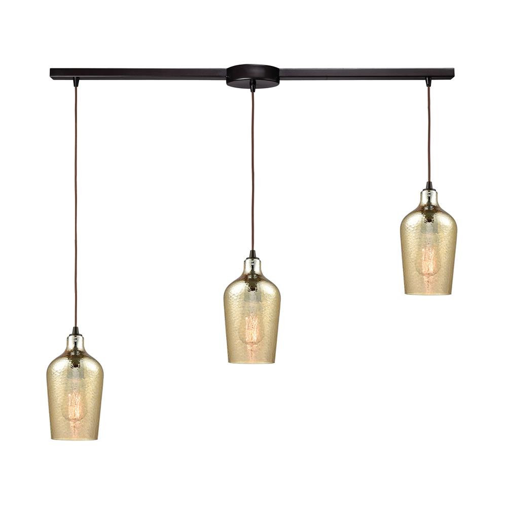 ELK Lighting 10840/3L Hammered Glass 3 Light Linear Bar Fixture In Oil Rubbed Bronze With Hammered Amber Plated Glass