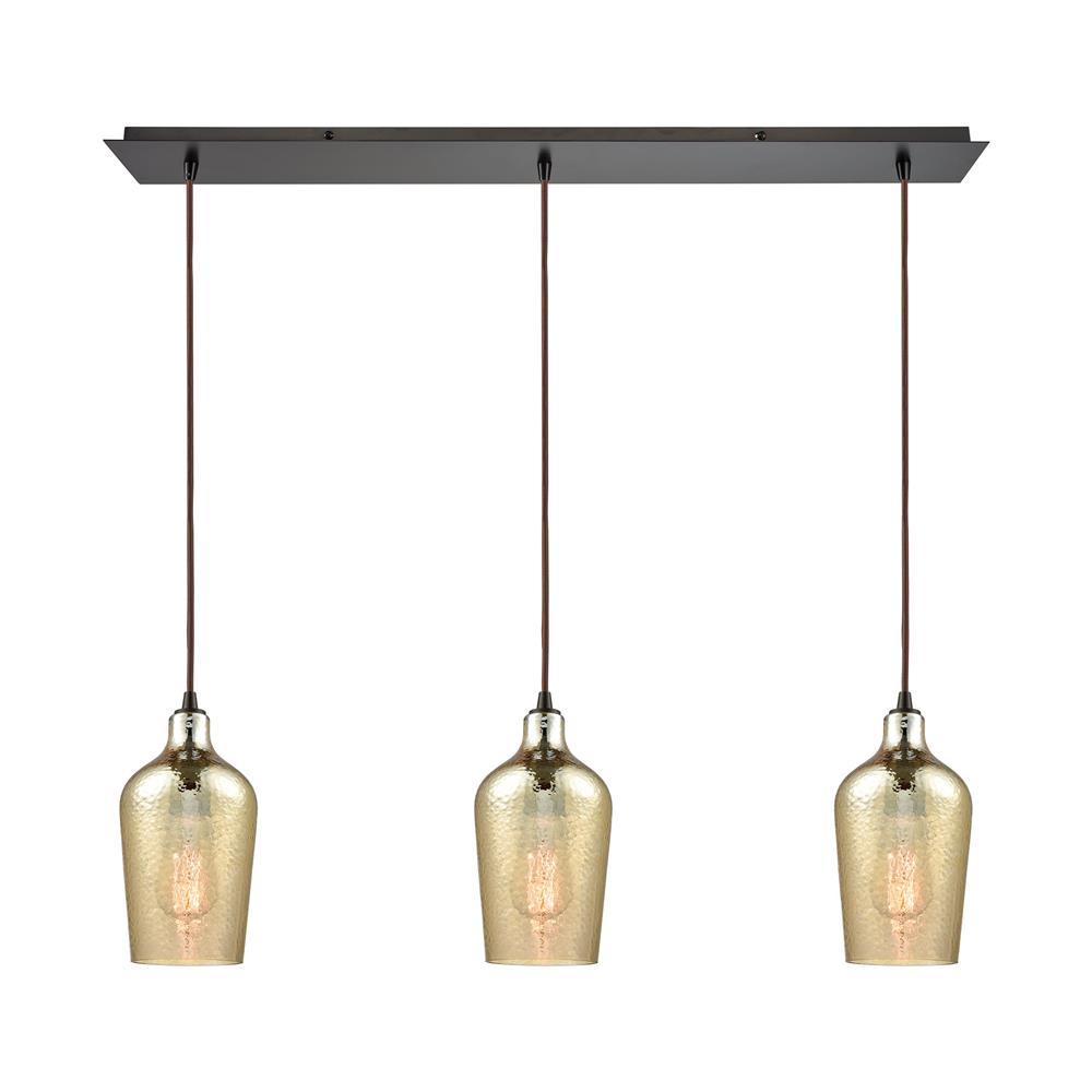 ELK Lighting 10840/3LP Hammered Glass 3 Light Linear Pan Fixture In Oil Rubbed Bronze With Hammered Amber Plated Glass