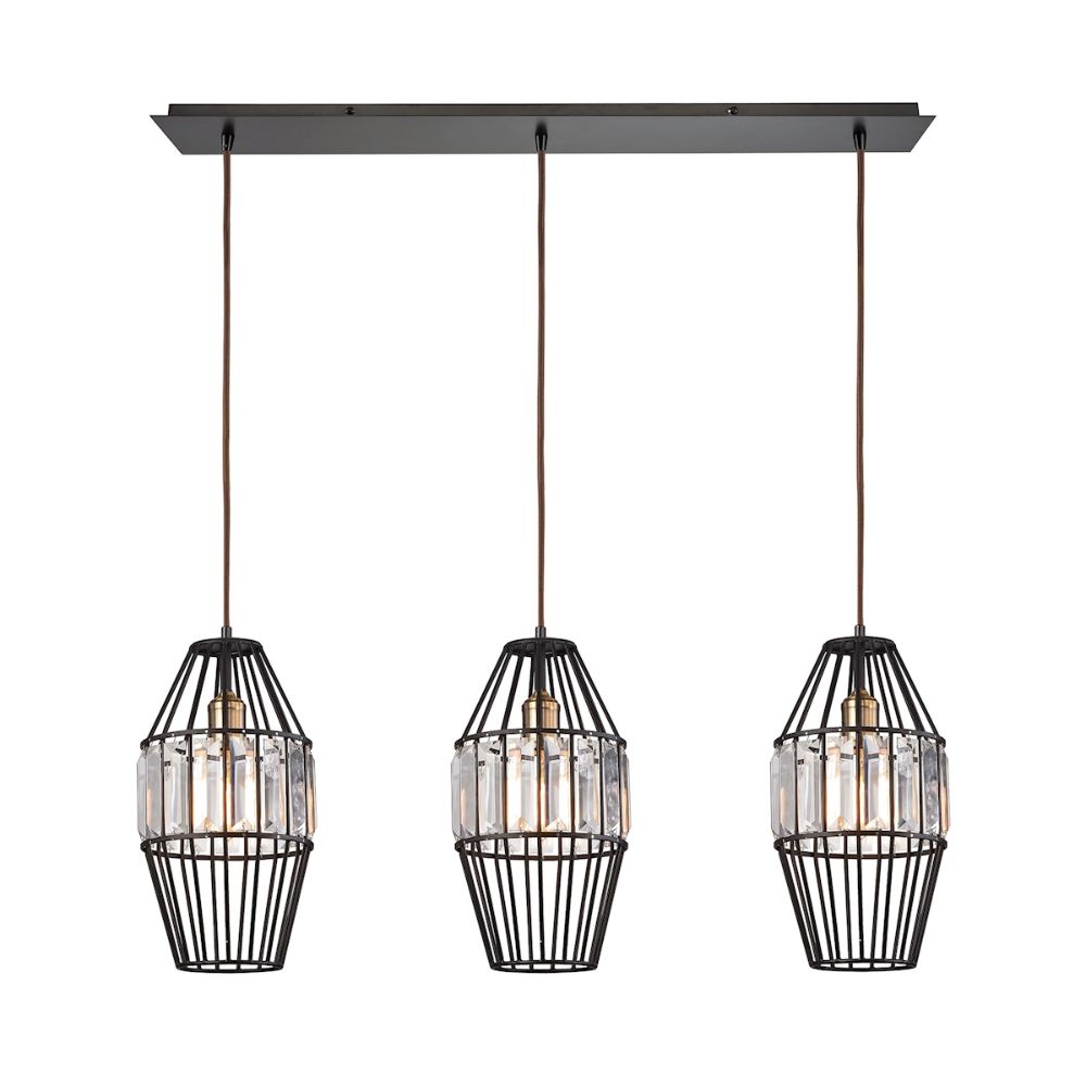 Elk Lighting 14248/3LP Yardley 3-Light Linear Mini Pendant Fixture in Oil Rubbed Bronze with Clear Crystal on Wire Cages