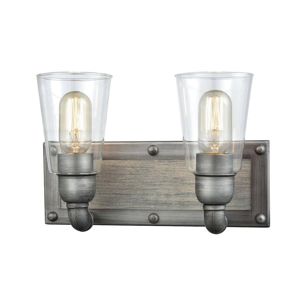 ELK Lighting 14471/2 Platform 2 Light Vanity In Weathered Zinc With Washed Wood And Clear Glass
