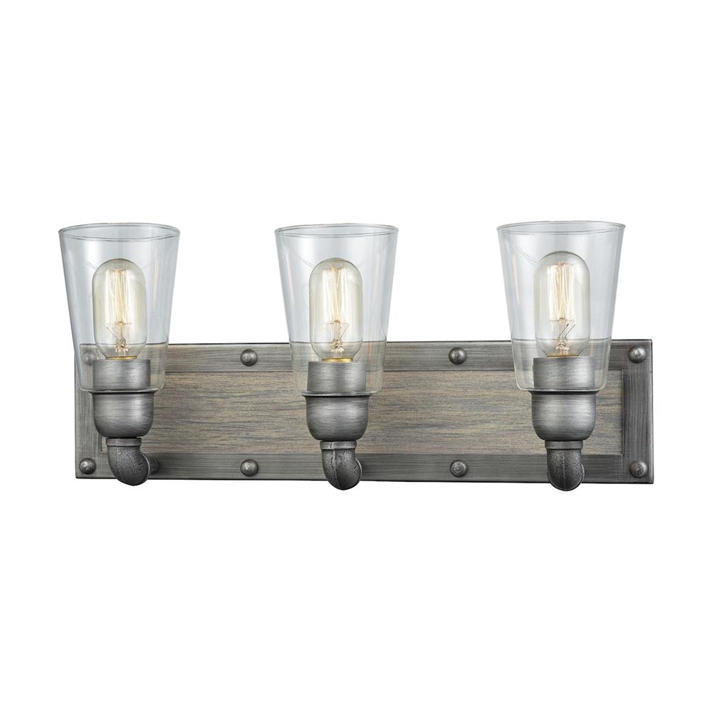 ELK Lighting 14472/3 Platform 3 Light Vanity In Weathered Zinc With Washed Wood And Clear Glass