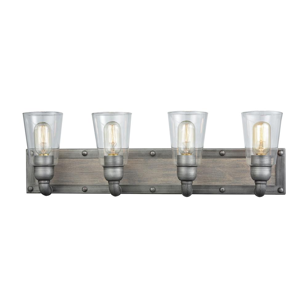 ELK Lighting 14473/4 Platform 4 Light Vanity In Weathered Zinc With Washed Wood And Clear Glass