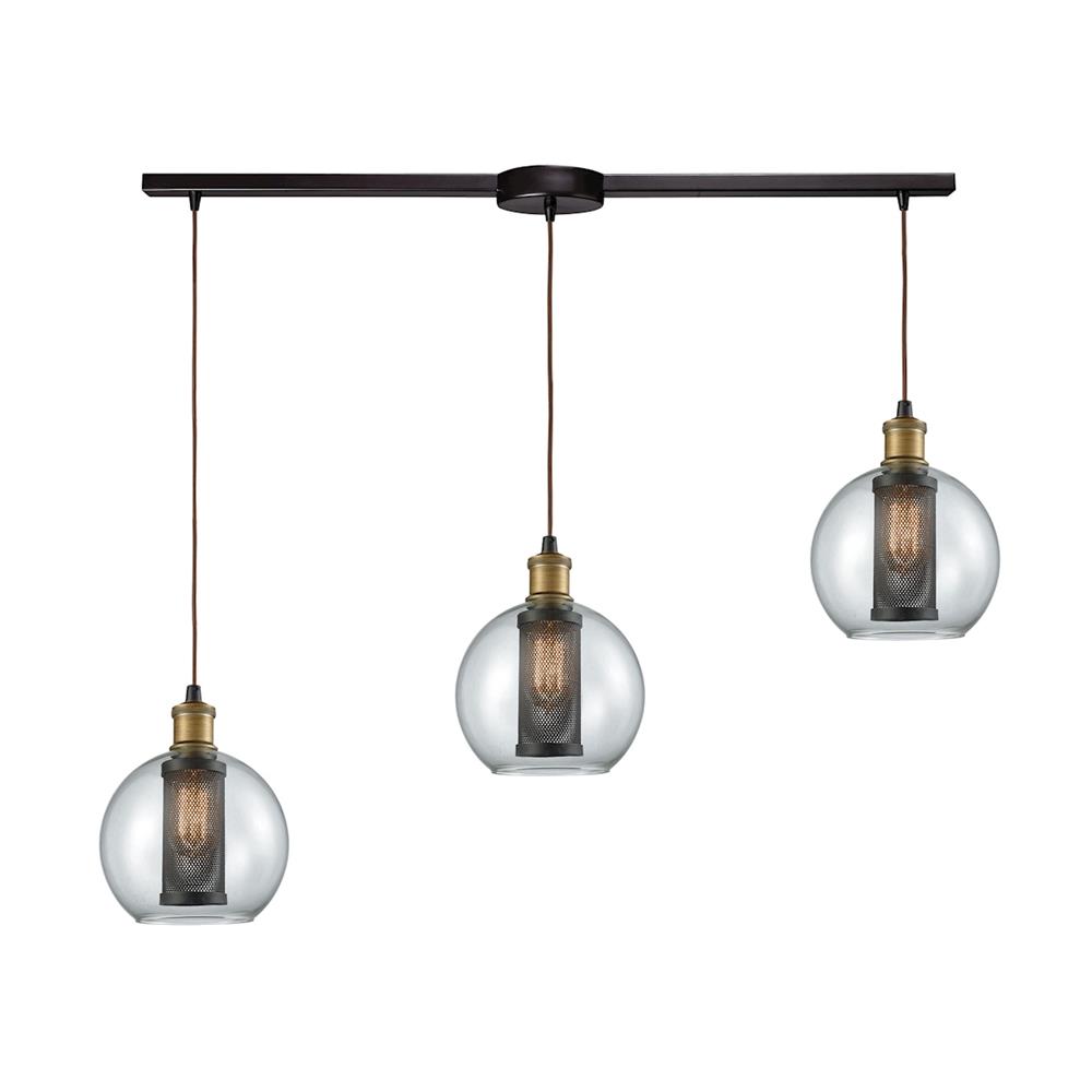 ELK Lighting 14530/3L Bremington 3 Light Linear Bar Pendant In Tarnished Brass/Oil Rubbed Bronze With Clear Glass And Perforated Metal Cage