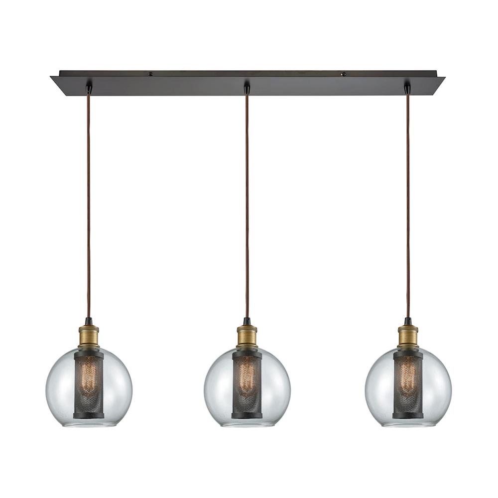 ELK Lighting 14530/3LP Bremington 3 Light Linear Pan Pendant In Tarnished Brass/Oil Rubbed Bronze With Clear Glass And Perforated Metal Cage