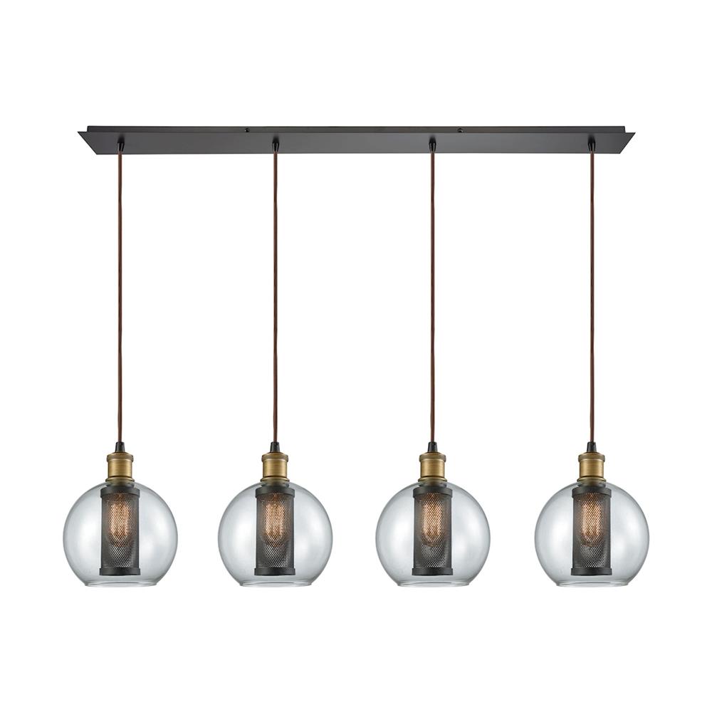 ELK Lighting 14530/4LP Bremington 4 Light Linear Pan Pendant In Tarnished Brass/Oil Rubbed Bronze With Clear Glass And Perforated Metal Cage