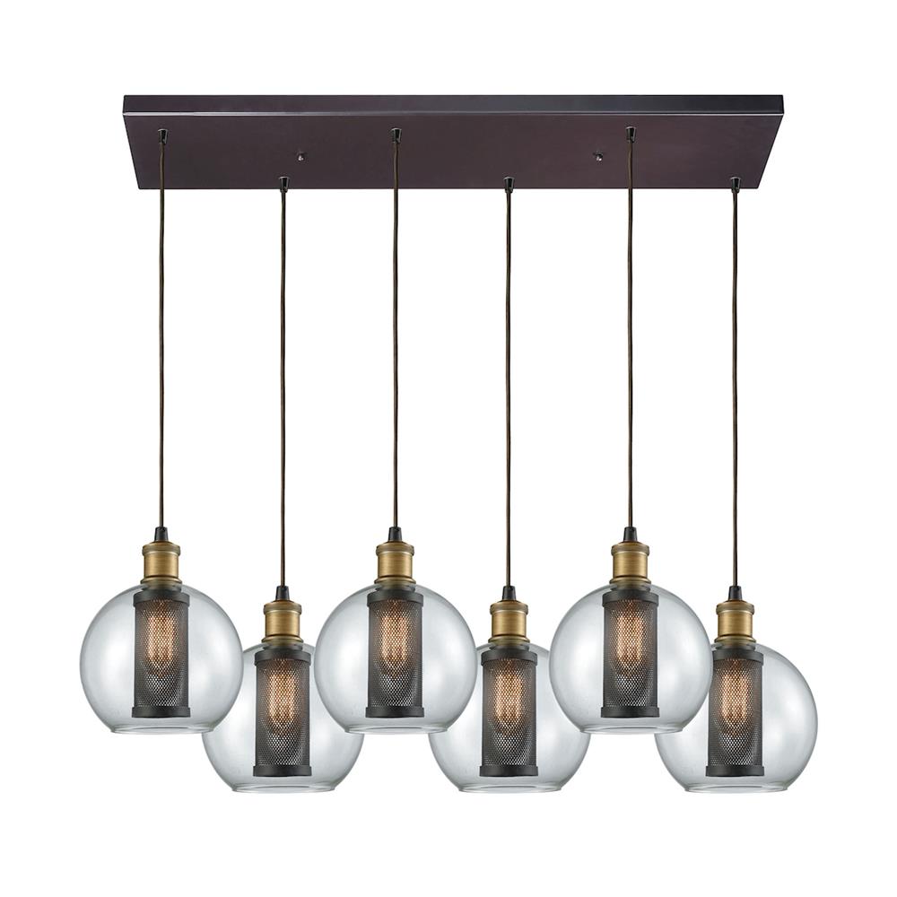 ELK Lighting 14530/6RC Bremington 6 Light Rectangle Pendant In Tarnished Brass/Oil Rubbed Bronze With Clear Glass And Perforated Metal Cage