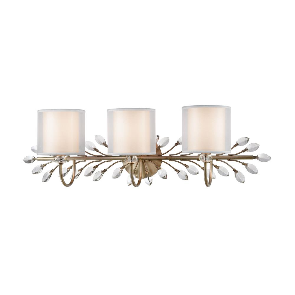Elk Lighting 16278/3 Asbury 3-Light Vanity Light in Aged Silver with White Fabric Shade Inside Silver Organza Shade